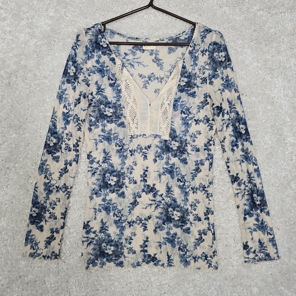 Denim & Supply‎ Ralph Lauren Top Womens Large Blue White Floral Sheer Boho Y2K - Picture 1 of 12